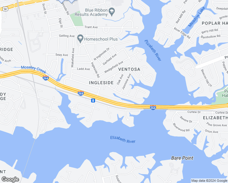 map of restaurants, bars, coffee shops, grocery stores, and more near 3649 Riverside Drive in Norfolk