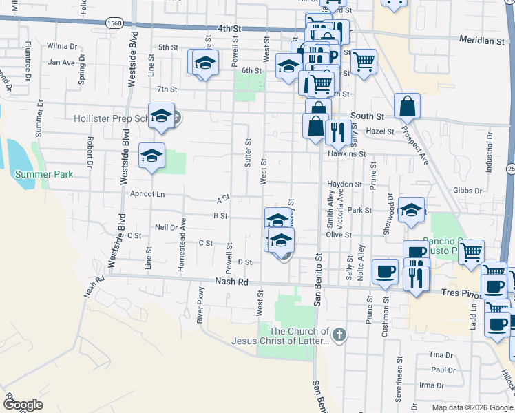 map of restaurants, bars, coffee shops, grocery stores, and more near 474 B Street in Hollister