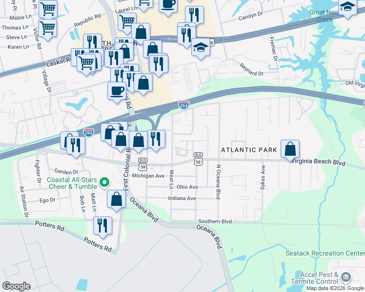 map of restaurants, bars, coffee shops, grocery stores, and more near 301 Oakshire Drive in Virginia Beach