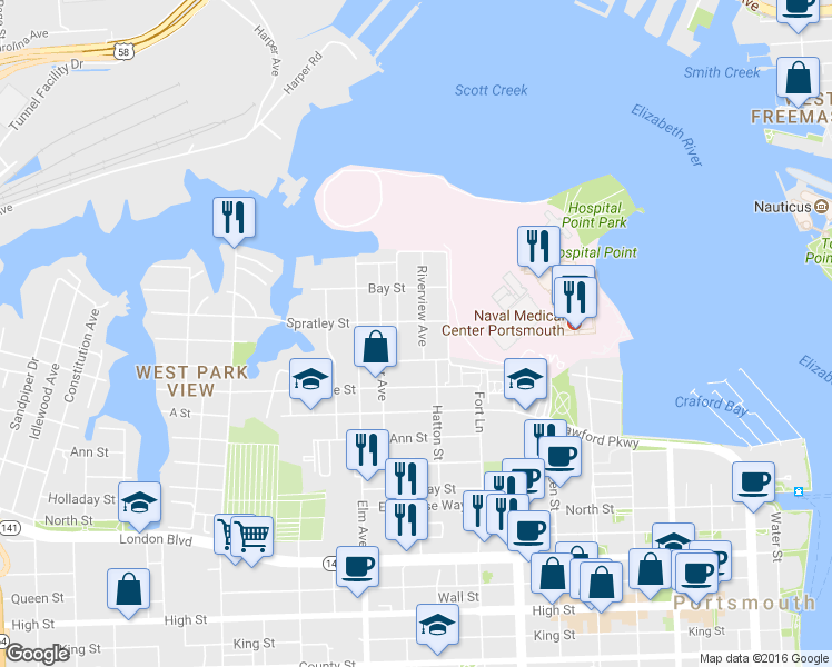 map of restaurants, bars, coffee shops, grocery stores, and more near 110 Riverview Avenue in Portsmouth