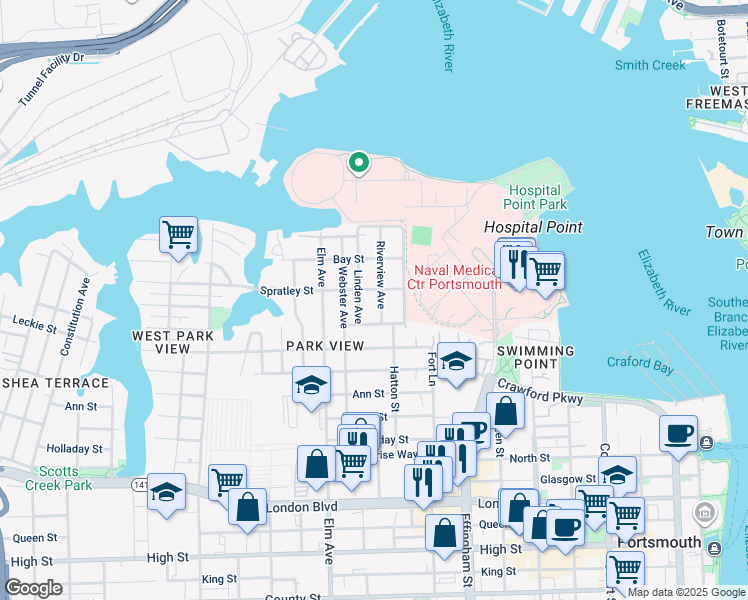 map of restaurants, bars, coffee shops, grocery stores, and more near 110 Riverview Avenue in Portsmouth