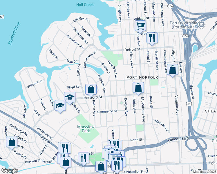map of restaurants, bars, coffee shops, grocery stores, and more near 604 Vermont Avenue in Portsmouth