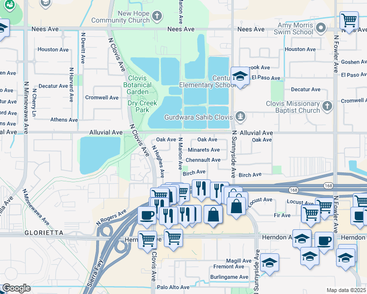 map of restaurants, bars, coffee shops, grocery stores, and more near 733 North Marion Avenue in Clovis