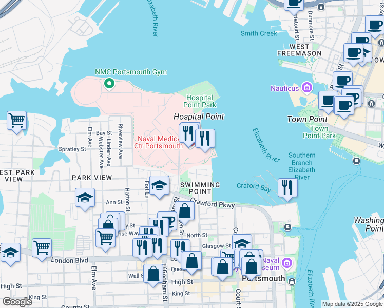 map of restaurants, bars, coffee shops, grocery stores, and more near 620 John Paul Jones Circle in Portsmouth