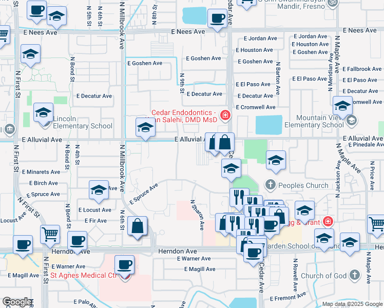 map of restaurants, bars, coffee shops, grocery stores, and more near 1281 E Alluvial Ave in Fresno