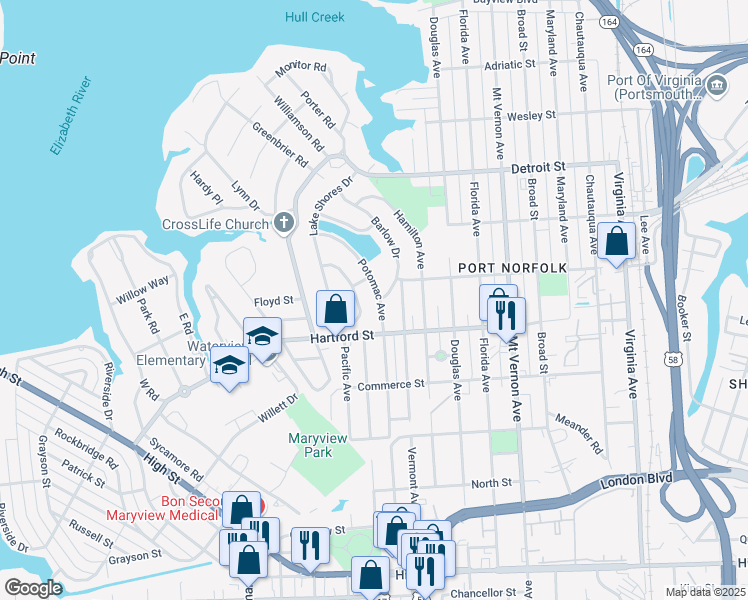 map of restaurants, bars, coffee shops, grocery stores, and more near 618 Potomac Avenue in Portsmouth