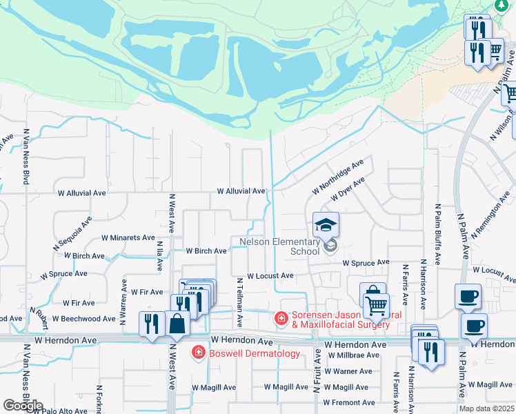 map of restaurants, bars, coffee shops, grocery stores, and more near 7355 North Pacific Avenue in Fresno