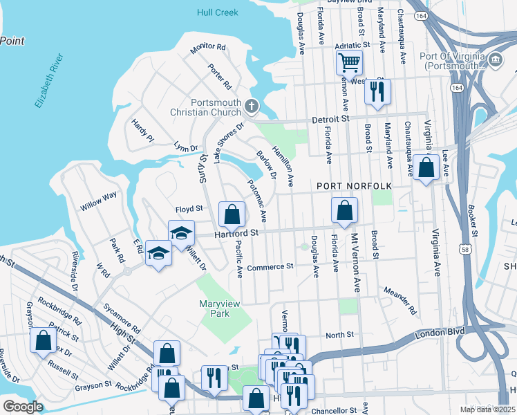 map of restaurants, bars, coffee shops, grocery stores, and more near 618 Potomac Avenue in Portsmouth