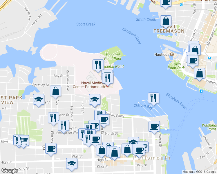 map of restaurants, bars, coffee shops, grocery stores, and more near 620 John Paul Jones Circle in Portsmouth