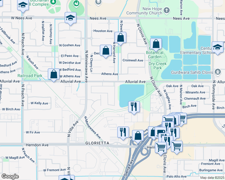 map of restaurants, bars, coffee shops, grocery stores, and more near 249 Oak Avenue in Clovis