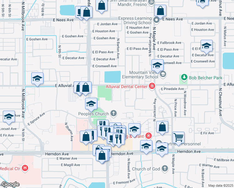 map of restaurants, bars, coffee shops, grocery stores, and more near 1733 East Alluvial Avenue in Fresno