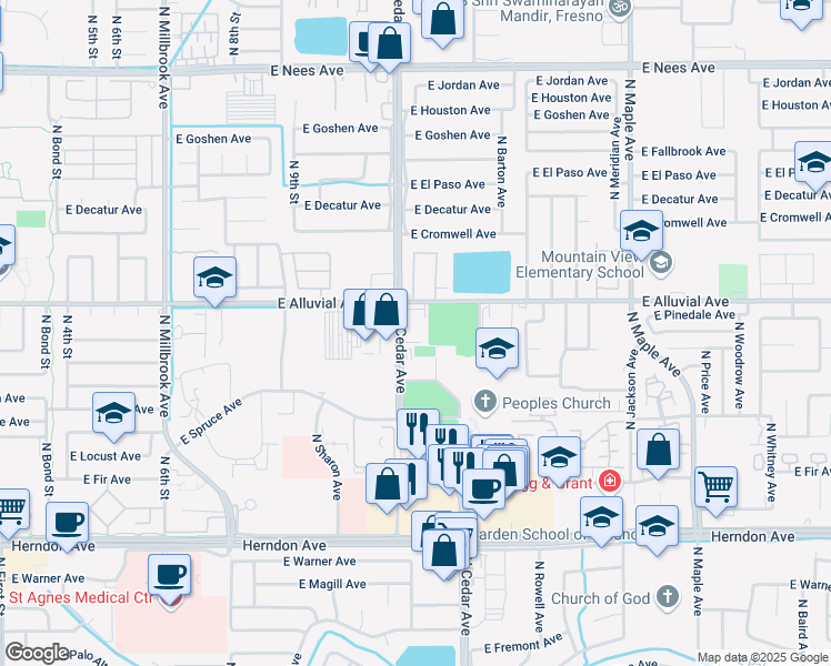 map of restaurants, bars, coffee shops, grocery stores, and more near 1515 East Alluvial Avenue in Fresno