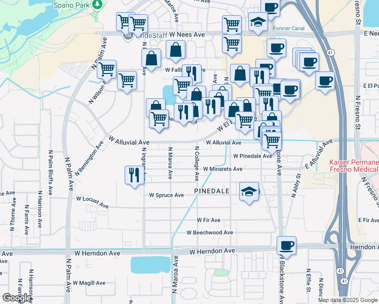 map of restaurants, bars, coffee shops, grocery stores, and more near 313 West Alluvial Avenue in Fresno