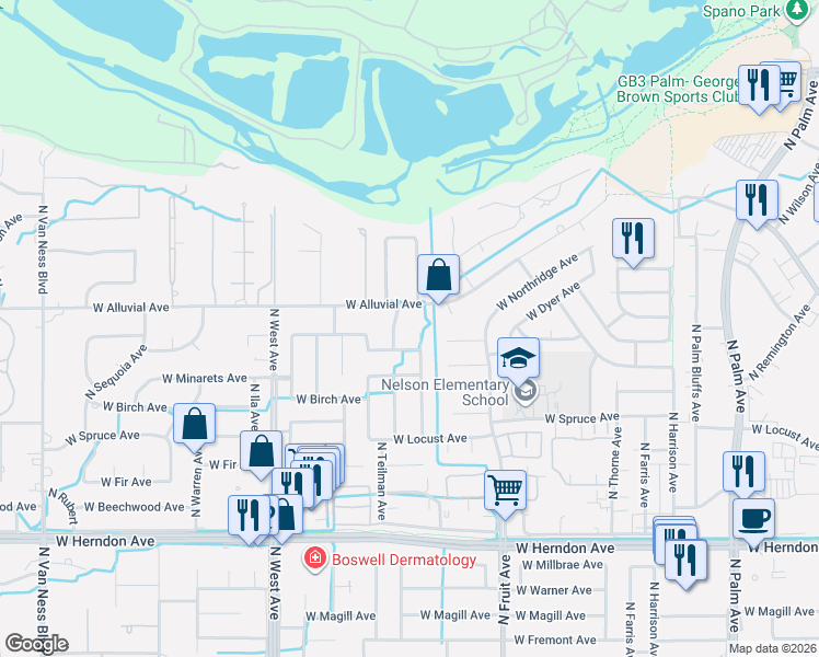 map of restaurants, bars, coffee shops, grocery stores, and more near 1575 West Alluvial Avenue in Fresno