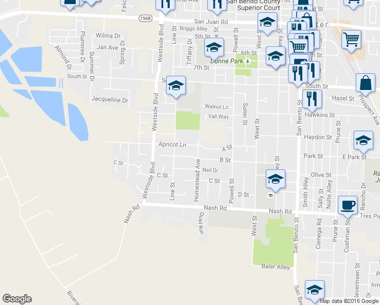 map of restaurants, bars, coffee shops, grocery stores, and more near 830 Apricot Lane in Hollister