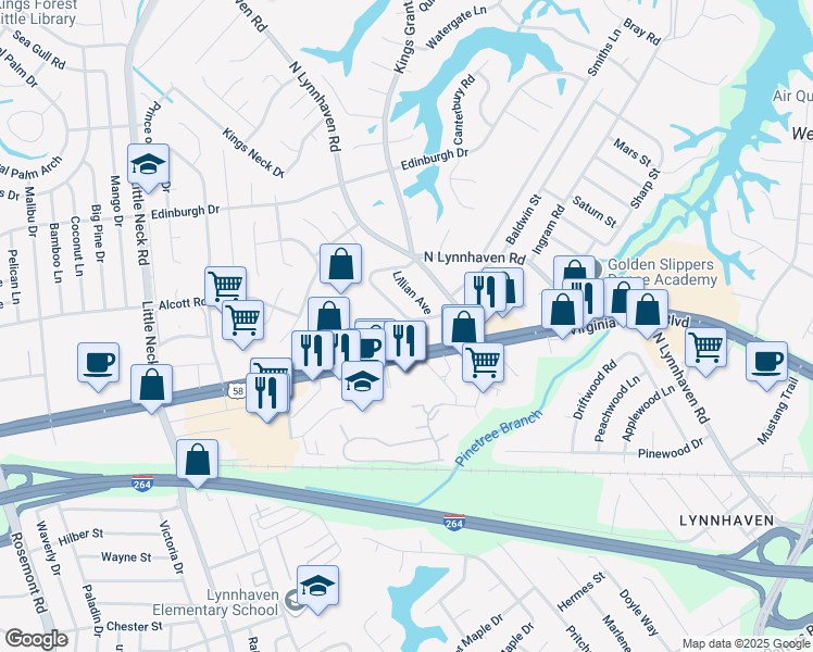 map of restaurants, bars, coffee shops, grocery stores, and more near 3040 Belle Haven Drive in Virginia Beach