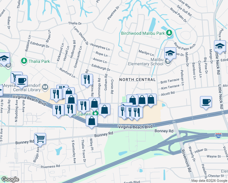 map of restaurants, bars, coffee shops, grocery stores, and more near 428 Gotham Road in Virginia Beach