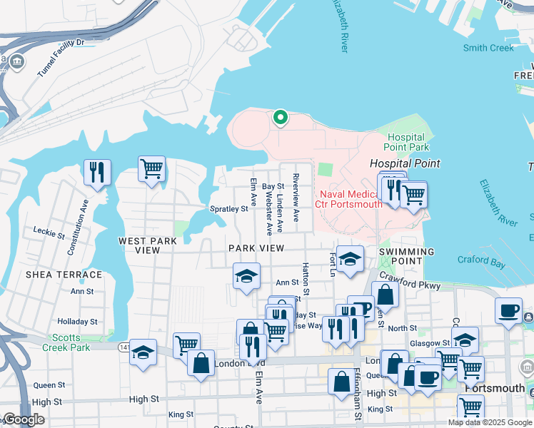 map of restaurants, bars, coffee shops, grocery stores, and more near 72 Webster Avenue in Portsmouth