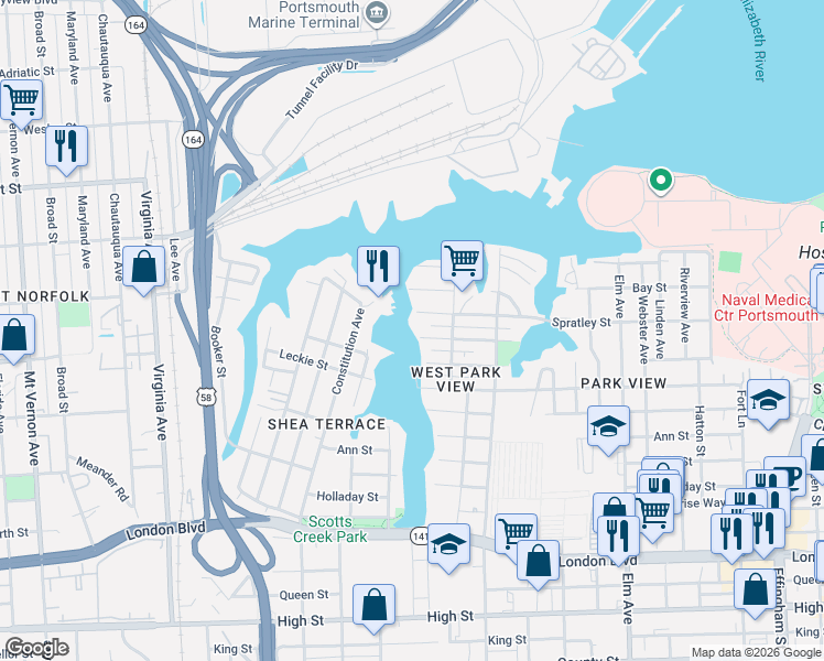 map of restaurants, bars, coffee shops, grocery stores, and more near 1755 Mathews Terrace in Portsmouth