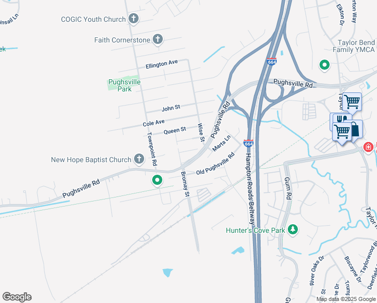 map of restaurants, bars, coffee shops, grocery stores, and more near 5133 Charlotte Street in Chesapeake