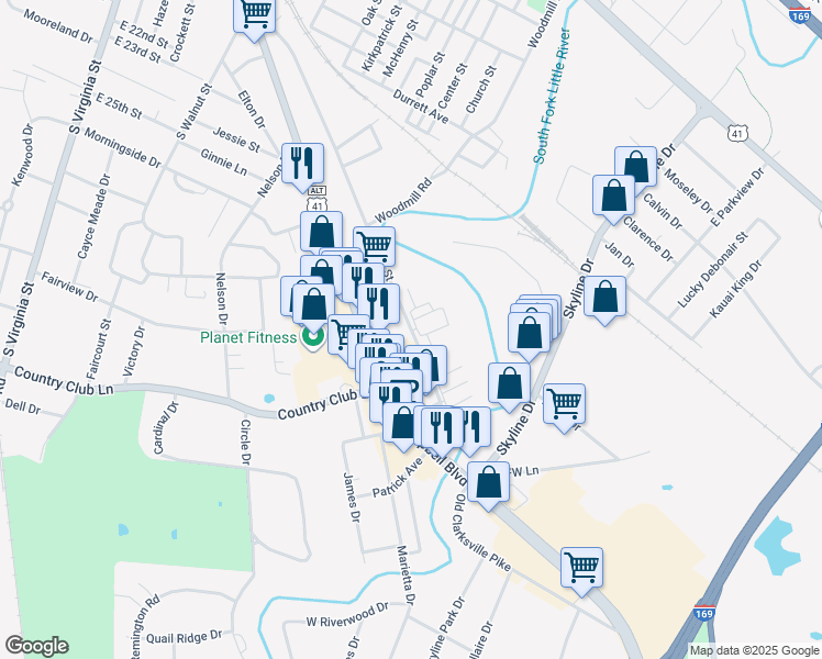 map of restaurants, bars, coffee shops, grocery stores, and more near 863-909 East 21st Street in Hopkinsville