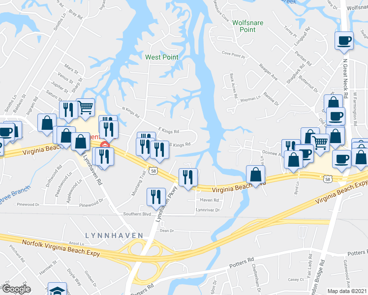 map of restaurants, bars, coffee shops, grocery stores, and more near 2625 South Kings Road in Virginia Beach
