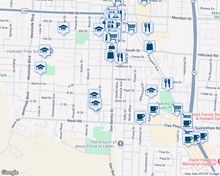 map of restaurants, bars, coffee shops, grocery stores, and more near 1020 San Benito Street in Hollister