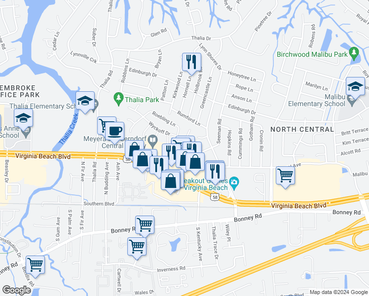 map of restaurants, bars, coffee shops, grocery stores, and more near 3936 Seeman Road in Virginia Beach