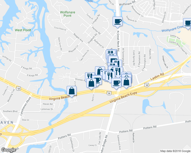 map of restaurants, bars, coffee shops, grocery stores, and more near 2421 Julie Court in Virginia Beach