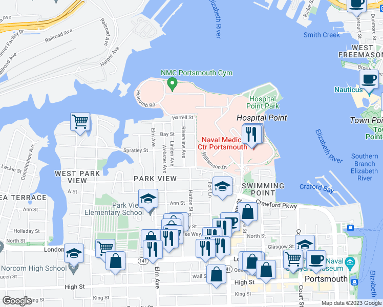 map of restaurants, bars, coffee shops, grocery stores, and more near 106 Parkview Avenue in Portsmouth