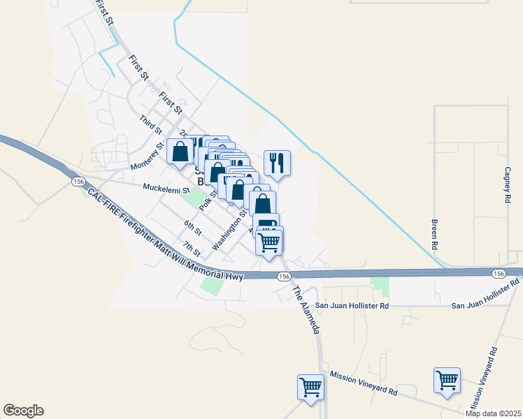 map of restaurants, bars, coffee shops, grocery stores, and more near 25 Franklin Street in San Juan Bautista