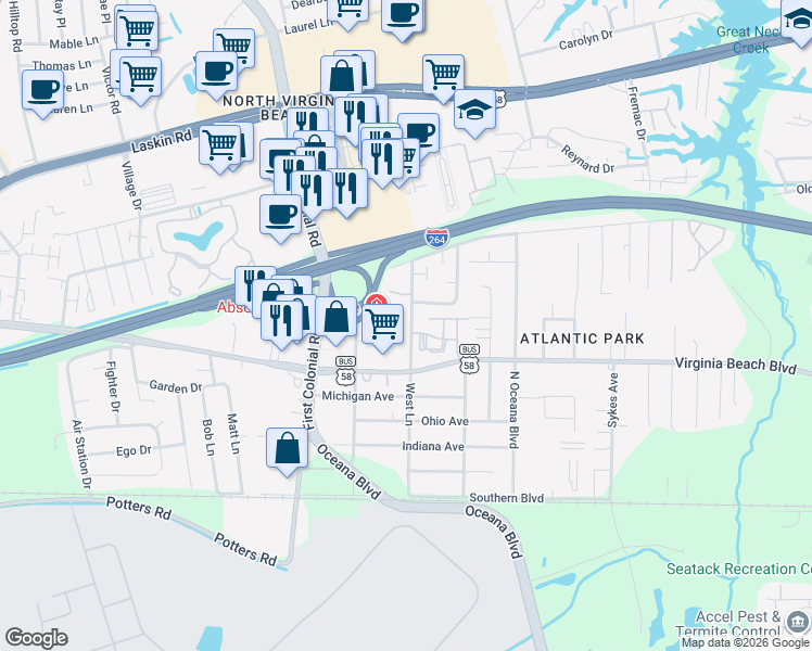 map of restaurants, bars, coffee shops, grocery stores, and more near 400 Hill Meadow Drive in Virginia Beach