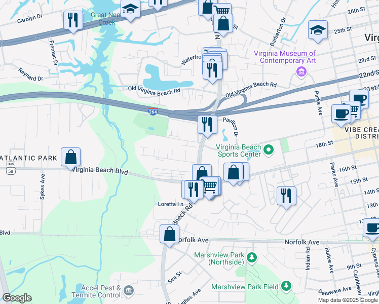 map of restaurants, bars, coffee shops, grocery stores, and more near 336 Summerville Court in Virginia Beach