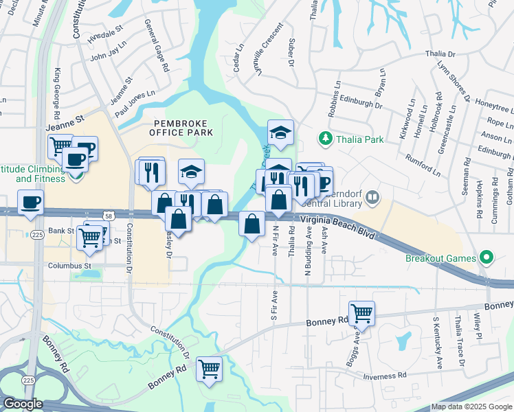 map of restaurants, bars, coffee shops, grocery stores, and more near 4338 Virginia Beach Boulevard in Virginia Beach
