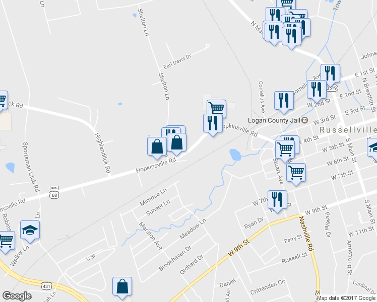 map of restaurants, bars, coffee shops, grocery stores, and more near 301 East Jefferson Davis Highway in Russellville