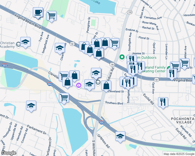 map of restaurants, bars, coffee shops, grocery stores, and more near 273 North Witchduck Road in Virginia Beach