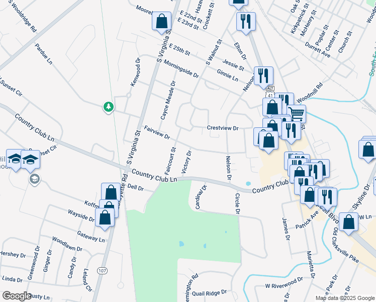 map of restaurants, bars, coffee shops, grocery stores, and more near 2801 Victory Drive in Hopkinsville