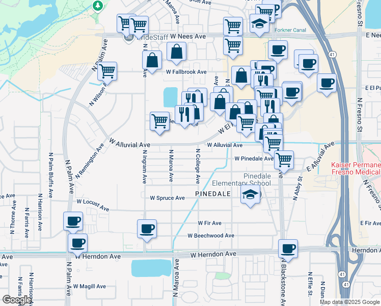 map of restaurants, bars, coffee shops, grocery stores, and more near 313 West Alluvial Avenue in Fresno