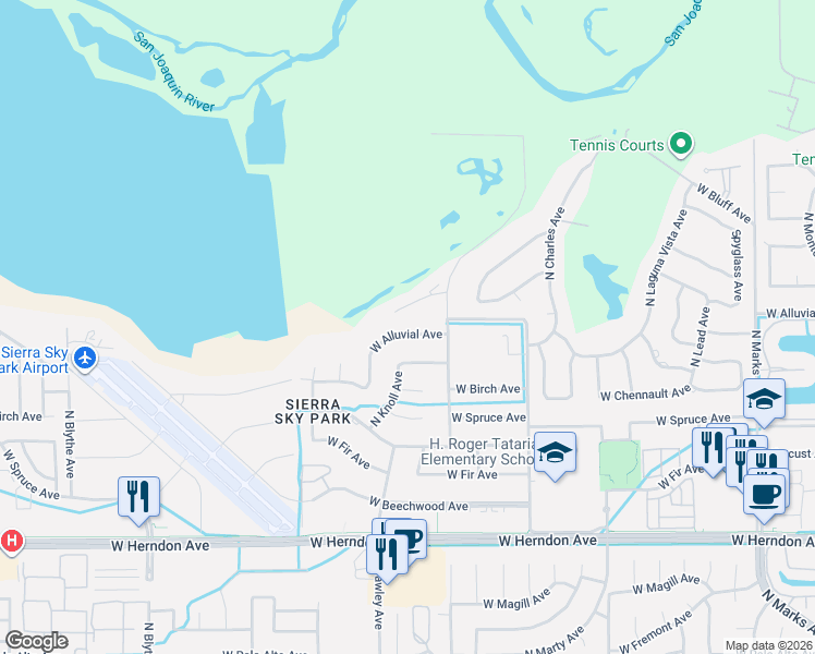 map of restaurants, bars, coffee shops, grocery stores, and more near 3790 West Buena Vista Avenue in Fresno