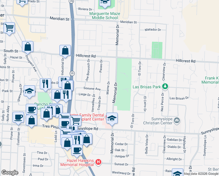 map of restaurants, bars, coffee shops, grocery stores, and more near 1040 Memorial Drive in Hollister