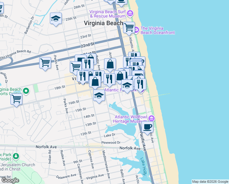 map of restaurants, bars, coffee shops, grocery stores, and more near 413 Virginia Beach Boulevard in Virginia Beach