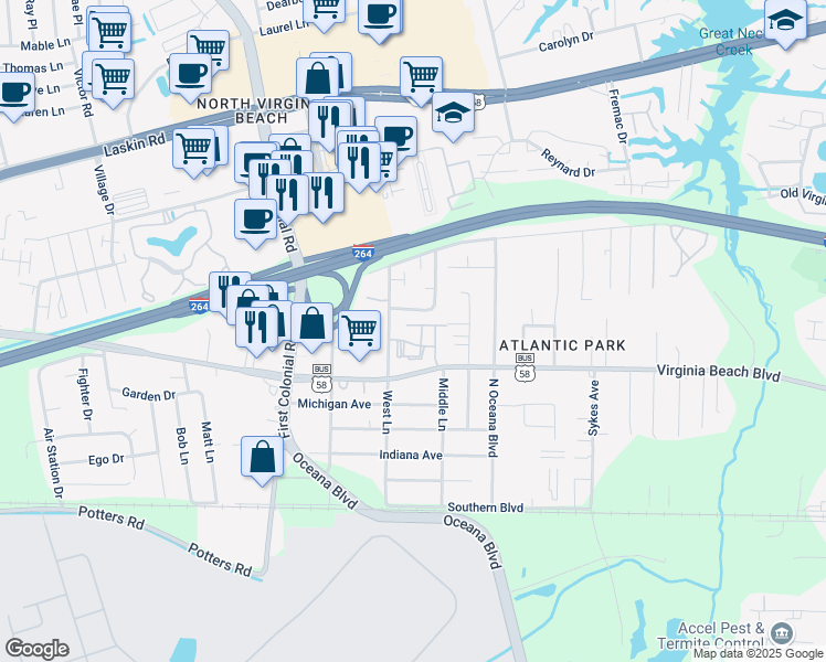 map of restaurants, bars, coffee shops, grocery stores, and more near 400 Hill Meadow Drive in Virginia Beach