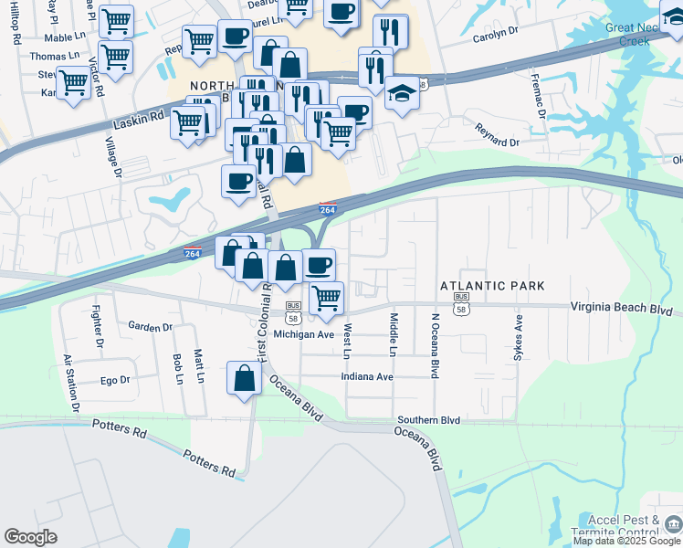 map of restaurants, bars, coffee shops, grocery stores, and more near 400 Hill Meadow Drive in Virginia Beach