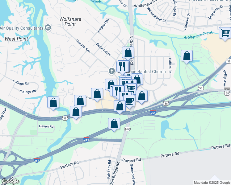 map of restaurants, bars, coffee shops, grocery stores, and more near 369 Old Great Neck Road in Virginia Beach