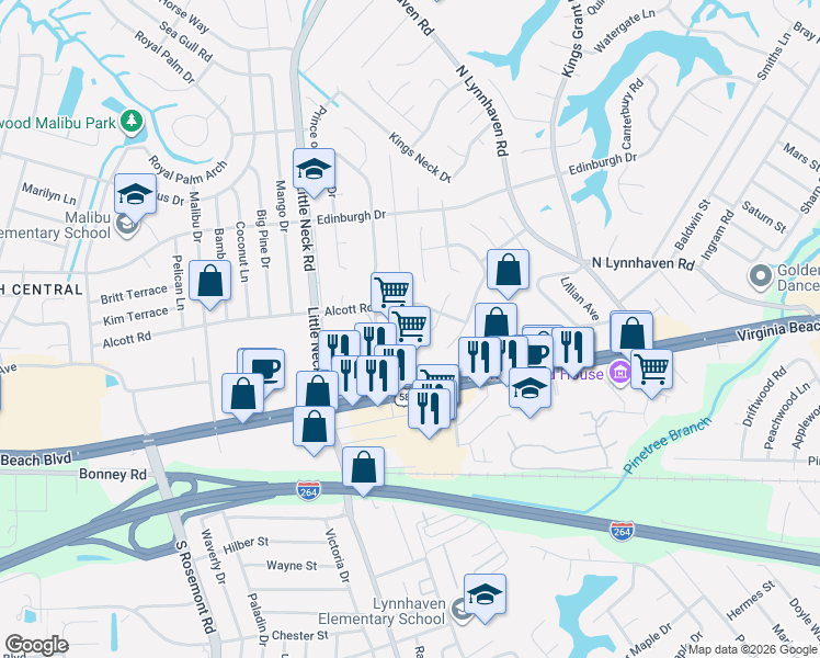map of restaurants, bars, coffee shops, grocery stores, and more near 3321 Alcott Road in Virginia Beach
