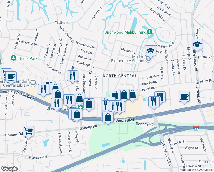map of restaurants, bars, coffee shops, grocery stores, and more near 432 Caren Drive in Virginia Beach