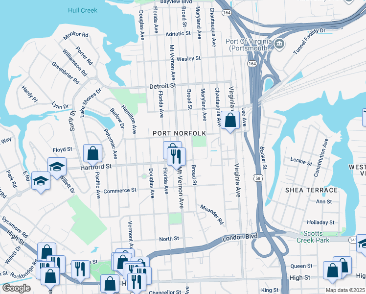 map of restaurants, bars, coffee shops, grocery stores, and more near 600 Mount Vernon Avenue in Portsmouth