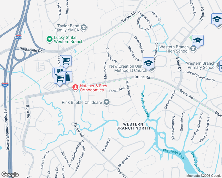 map of restaurants, bars, coffee shops, grocery stores, and more near 4506 McRae Close in Chesapeake
