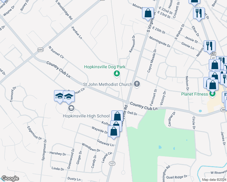 map of restaurants, bars, coffee shops, grocery stores, and more near 700 Hickory Ridge Circle in Hopkinsville