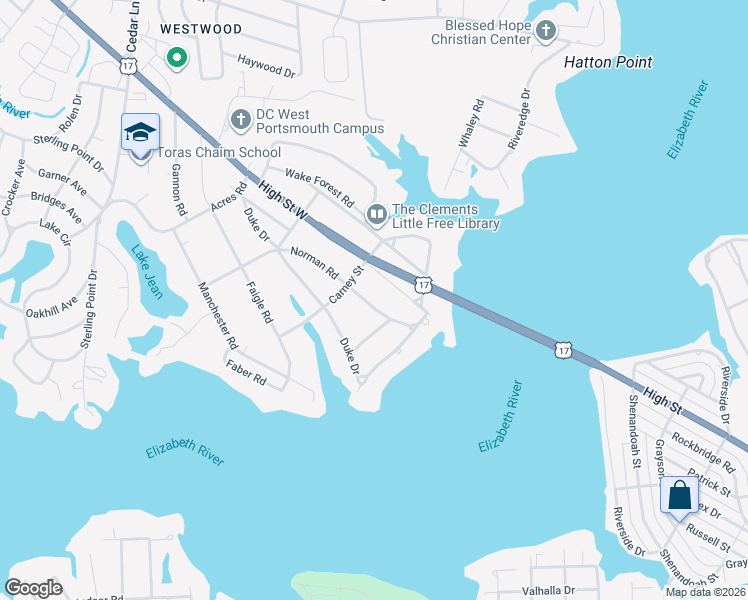 map of restaurants, bars, coffee shops, grocery stores, and more near 4406 Green Acres Parkway in Portsmouth
